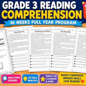 Peut inclure: Un programme de compréhension de lecture de 3e année composé de feuilles d'exercices imprimées intitulées Rainy Day Fun, The Busy Fire Station, The Class Pet et The Long Hike, avec une page Week 1 Overview et un personnage de crayon.