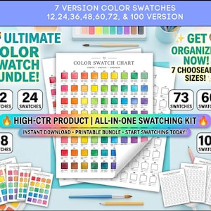 Puede incluir: Un paquete de muestras de color con varios tamaños, incluyendo 12, 24, 48, 60, 73 y 100 muestras. La imagen presenta un diseño de arcoíris con el texto "ULTIMATE COLOR SWATCH BUNDLE!" y "HIGH-CTR PRODUCT | ALL-IN-ONE SWATCHING KIT".
