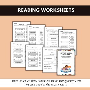 May include: A stack of reading worksheets for children. The worksheets include fill-in-the-blank, matching, and sentence completion exercises. A workbook titled "My First Reading Workbook" is also visible, along with the text "Reading Worksheets".