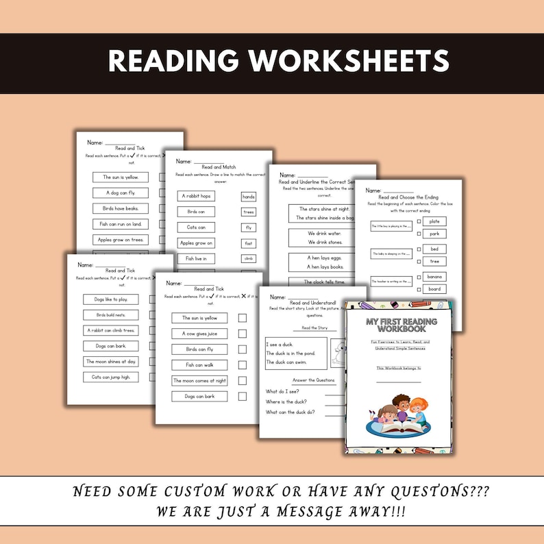 May include: A stack of reading worksheets for children. The worksheets include fill-in-the-blank, matching, and sentence completion exercises. A workbook titled "My First Reading Workbook" is also visible, along with the text "Reading Worksheets".