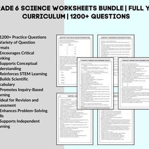 K&ouml;nnte beinhalten: Ein B&uuml;ndel von Arbeitsbl&auml;ttern f&uuml;r Naturwissenschaften der 6. Klasse. Der Titel lautet "GRADE 6 SCIENCE WORKSHEETS BUNDLE | FULL YEAR CURRICULUM | 1200+ QUESTIONS". Die Arbeitsbl&auml;tter behandeln Themen wie Datenerhebung, Variablen und Versuchsaufbau.