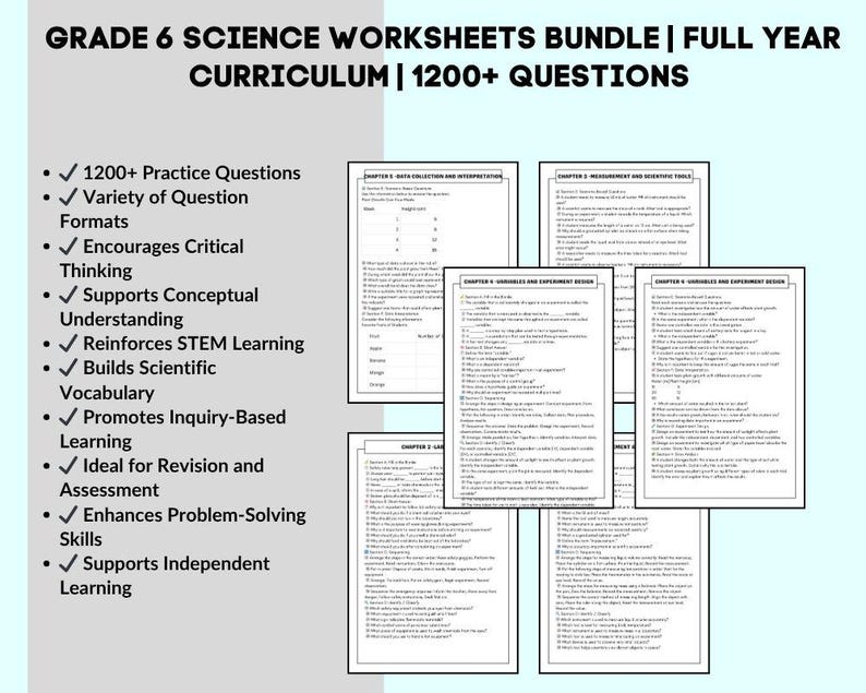 K&ouml;nnte beinhalten: Ein B&uuml;ndel von Arbeitsbl&auml;ttern f&uuml;r Naturwissenschaften der 6. Klasse. Der Titel lautet "GRADE 6 SCIENCE WORKSHEETS BUNDLE | FULL YEAR CURRICULUM | 1200+ QUESTIONS". Die Arbeitsbl&auml;tter behandeln Themen wie Datenerhebung, Variablen und Versuchsaufbau.