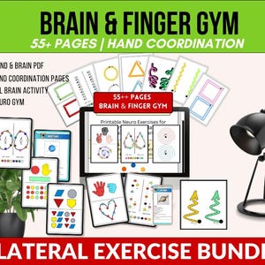 Puede incluir: Un conjunto de ejercicios imprimibles para el cerebro y los dedos. La imagen presenta una tableta que muestra ejercicios, varias páginas impresas con formas y patrones, y una lámpara de escritorio negra. El texto incluye "Brain & Finger Gym" y "Bilateral Exercise Bundle".