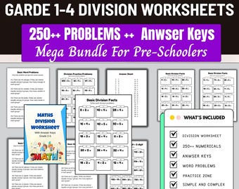 Division Worksheets,Beginner Maths,grade 1-4 Maths, Answer Sheet,Division Drills with Answer,Printable Math Worksheets,educational resources