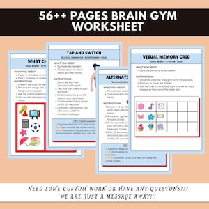 Puede incluir: Una colecci&oacute;n de hojas de trabajo de gimnasia cerebral con m&aacute;s de 56 p&aacute;ginas de actividades. Los documentos incluyen instrucciones para ejercicios como Tap and Switch y Visual Memory Grid, con iconos coloridos de una llave, televisi&oacute;n, calculadora y pelota.