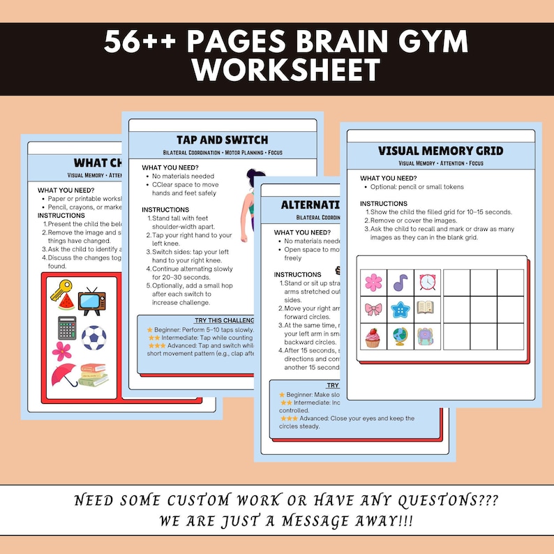 Puede incluir: Una colecci&oacute;n de hojas de trabajo de gimnasia cerebral con m&aacute;s de 56 p&aacute;ginas de actividades. Los documentos incluyen instrucciones para ejercicios como Tap and Switch y Visual Memory Grid, con iconos coloridos de una llave, televisi&oacute;n, calculadora y pelota.