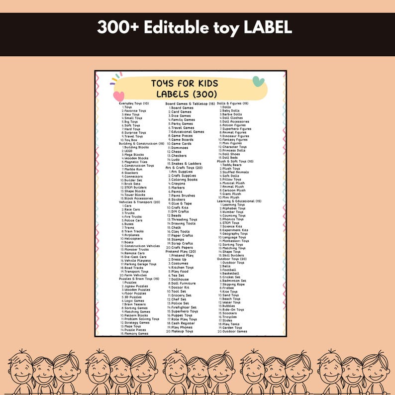 300 Editable Playroom Toy Bin Labels Canva Template,b&wkid Storage ...