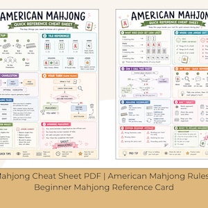 May include: Two white sheets titled American Mahjong Quick Reference Cheat Sheet. The charts feature colorful icons, flowcharts, and text explaining game setup, tile references, the Charleston, turn sequences, calling tiles, joker rules, and winning steps.