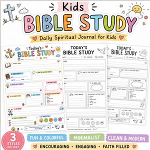 Op de afbeelding: Een set van drie Kids Bible Study dagelijkse spirituele dagboekpagina's met kleurrijke koppen, secties voor dagelijkse verzen, bijbellezen, lessen, gebeden en stemmingsmeters. De pagina's bevatten illustraties van kruisen, zonnen en hartjes.