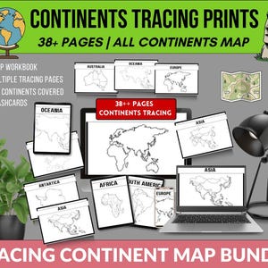Más de 38 páginas de hojas de trabajo para trazar los continentes, plantillas artísticas, mapas mundiales imprimibles, hojas de trabajo imprimibles sobre continentes y océanos, geografía para imprimir