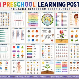 May include: A bundle of 30 educational preschool learning posters featuring colorful illustrations and text for subjects including the alphabet, numbers, solar system, body parts, seasons, and shapes, designed for classroom or home decor use.