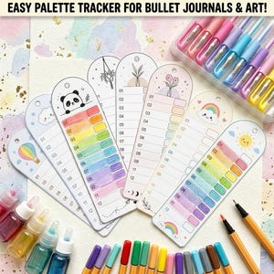 Pode incluir: Amostras de cores imprimíveis com uma paleta de cores do arco-íris, projetadas para bullet journals e arte. A imagem inclui marcadores, canetas e modelos de amostras de cores com designs fofos. O texto diz "13 Amostras de cores imprimíveis! Download digital instantâneo".