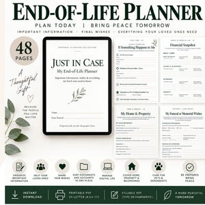 Könnte beinhalten: Ein 48-seitiges End-of-Life-Planer-Set als druckbares PDF. Die Sammlung enthält ein Deckblatt mit dem Titel Just In Case sowie Abschnitte für Finanzübersichten, Haus- und Eigentumsdetails und Bestattungswünsche. Mit verschiedenen Symbolen.