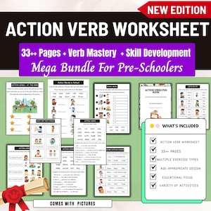May include: A collection of educational worksheets for pre-schoolers. The worksheets feature action verbs, with pages for verb mastery and skill development. The bundle includes multiple exercise types and a variety of activities. The text reads "Action Verb Worksheet" and "Mega Bundle For Pre-Schoolers".