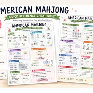 May include: Two pages of an American Mahjong quick reference cheat sheet printed on white paper. The documents feature colorful diagrams, text instructions, and icons explaining game setup, tile references, turn flow, vocabulary, and winning rules.