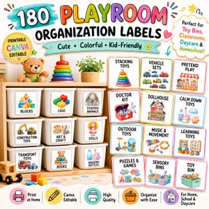 Könnte beinhalten: Ein Set mit 180 Spielzimmer-Organisationsetiketten mit farbenfrohen Designs und Text. Die Etiketten sind für Spielzeugkisten, Klassenzimmer, Kindertagesstätten und Homeschooling-Umgebungen konzipiert. Das Bild enthält Etiketten für verschiedene Spielzeugkategorien.
