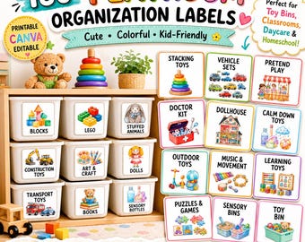 180 Canva Editable Toy Bin Labels, Playroom Organization