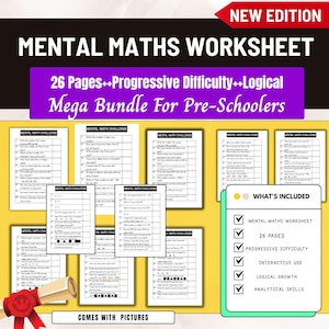 Puede incluir: Un paquete de hojas de trabajo de matemáticas mentales para preescolares. Las hojas de trabajo están diseñadas con dificultad progresiva e incluyen 26 páginas. El paquete incluye uso interactivo, crecimiento lógico y habilidades analíticas.