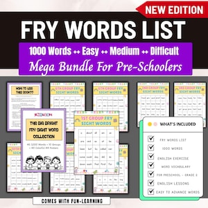 Puede incluir: Un conjunto de materiales educativos para preescolares. La imagen presenta una "Lista de palabras Fry" con 1000 palabras, categorizadas como fáciles, medianas y difíciles. El conjunto incluye carteles coloridos y ejercicios. Se muestra el texto "Mega Bundle For Pre-Schoolers".