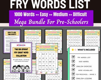 1000 Fry Word List Worksheets ,10 Groups High-Frequency Sight Words Printable Kids, Homeschool Classroom,fry sight word,sight words practice