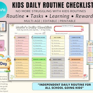 Może przedstawiać: Kolorowa, drukowana lista kontrolna codziennej rutyny dla dzieci z sekcjami na poranek, po szkole, obowiązki i porę snu. Zawiera tekst "Kids Daily Routine Checklist".