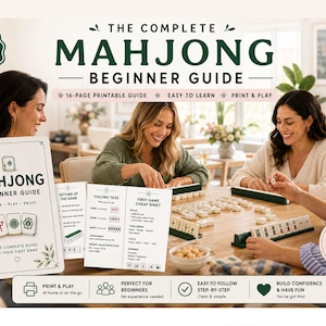 May include: A 16-page printable Mahjong beginner guide featuring a spiral-bound booklet with instructions, game setup, and a cheat sheet. The cover displays the text "Mahjong Beginner Guide" with illustrations of tiles and green leaf accents.