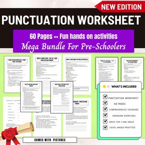 Può includere: Un pacchetto di fogli di lavoro sulla punteggiatura per bambini in età prescolare. La copertina presenta il testo "PUNCTUATION WORKSHEET" e "Mega Bundle For Pre-Schoolers". Include 60 pagine di esercizi coinvolgenti e pratica basata sul livello. Il testo "NEW EDITION" è incluso.