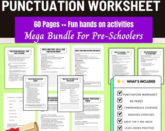 60Pages Punctuation Worksheet,Grammar Practice Printable,English Language Art Activity,Grammar and Punctuation,Homeschool Classroom Resource