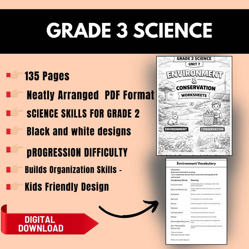 grade 3 science worksheets, 3rd grade science workbook, printable science worksheets, kids science activities, homeschool science curriculum, science worksheets bundle, elementary science printable, grade 3 science activities, science workbook for kids, plants animals matter worksheets,