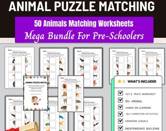 50+ Animals Puzzle Set,Animal Matching Game,Symmetry Puzzles for Kids,Printable Toddler,Preschool Montessori,kindergarten worksheets,Picture