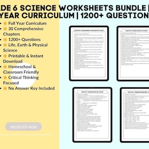 K&ouml;nnte beinhalten: Ein Bild, das ein Paket mit Arbeitsbl&auml;ttern f&uuml;r Naturwissenschaften der 6. Klasse bewirbt. Das Bild zeigt vier digitale Arbeitsbl&auml;tter und eine Liste von Funktionen: Ganzjahreslehrplan, 30 Kapitel, &uuml;ber 1200 Fragen und druckbarer Download.