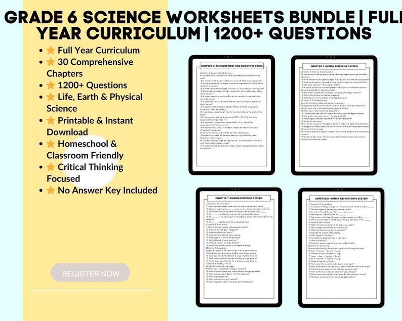 K&ouml;nnte beinhalten: Ein Bild, das ein Paket mit Arbeitsbl&auml;ttern f&uuml;r Naturwissenschaften der 6. Klasse bewirbt. Das Bild zeigt vier digitale Arbeitsbl&auml;tter und eine Liste von Funktionen: Ganzjahreslehrplan, 30 Kapitel, &uuml;ber 1200 Fragen und druckbarer Download.