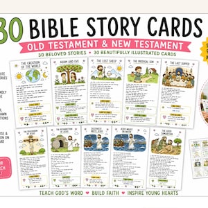 Peut inclure: Un ensemble de 30 cartes d'histoires bibliques illustrées à la main, couvrant l'Ancien et le Nouveau Testament avec des résumés et des versets. Les cartes incluent des titres comme La Création du monde, Adam et Ève et La Cène.