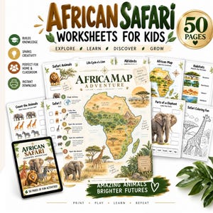 Peut inclure: Un ensemble de 50 fiches d'exercices sur le safari africain pour enfants, comprenant des activités éducatives, une carte de l'Afrique, l'identification d'animaux et des coloriages. Les pages illustrées montrent des éléphants, des girafes et des lions pour apprendre la faune africaine.