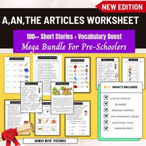 Op de afbeelding: Een werkbladbundel voor kleuters, met de tekst "A, AN, THE ARTICLES WORKSHEET." De afbeelding bevat verschillende pagina's met oefeningen, korte verhalen en woordenschatverrijking. De tekst "Mega Bundle For Pre-Schoolers" is ook zichtbaar.
