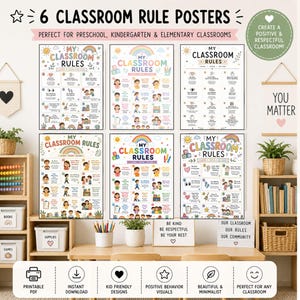 Puede incluir: Un conjunto de seis pósteres de reglas de aula con ilustraciones coloridas y texto. Cada póster muestra una lista de reglas con iconos, incluyendo arcoíris, soles y niños. Los pósteres están dispuestos en dos filas de tres, mostrando varios diseños.