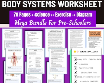 May include: A worksheet bundle for preschoolers, titled "Body Systems Worksheet." The image features multiple pages with diagrams and exercises, including topics like the respiratory and circulatory systems. The bundle includes 70 pages, fun activities, and diverse text types.