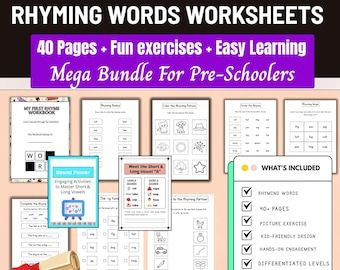 May include: A bundle of rhyming words worksheets for pre-schoolers. The worksheets include 40+ pages of fun exercises, picture exercises, and hands-on engagement. The bundle includes a variety of activities to help children learn about rhyming words.