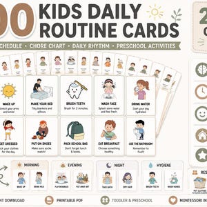 May include: A set of 200 kids daily routine cards featuring illustrations and text for tasks like wake up, brush teeth, and get dressed. The cards are organized into categories including morning, evening, night, hygiene, and responsibility.