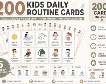 200 Kids Daily Routine Cards, Visual Schedule, Chore Chart, Cut and Paste Format