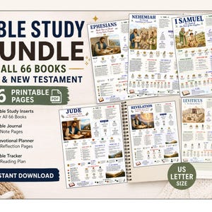 May include: A digital Bible study bundle featuring 66 printable pages for the Old and New Testament. The documents include study inserts, journal pages, and reading plans with illustrations for books like Nehemiah, 1 Samuel, Jude, and Revelation.