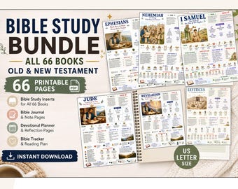Könnte beinhalten: Ein digitales Bibelstudien-Paket mit 66 druckbaren Seiten für das Alte und Neue Testament. Die Dokumente enthalten Studienbeilagen, Tagebuchseiten und Lesepläne mit Illustrationen für Bücher wie Nehemia, 1. Samuel, Judas und die Offenbarung.