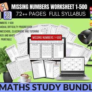 May include: A digital math study bundle with the text "MISSING NUMBERS WORKSHEET 1-500" and "MATHS STUDY BUNDLE". The image shows worksheets, a laptop, a tablet, and a smartphone displaying math problems. A cup of coffee and a desk lamp are also visible.