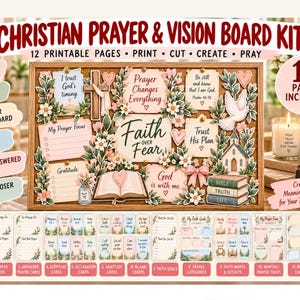 May include: A Christian prayer and vision board kit featuring 12 printable pages with floral accents, religious text, and illustrations of a cross, dove, and open Bible. The kit includes cards for prayer focus, gratitude, and faith goals for home use.