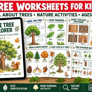 May include: A digital tablet displaying a Little Tree Explorer cover page alongside several printed educational worksheets about trees, featuring illustrations of leaves, bark, animals, and seasonal changes for children ages 4-7.