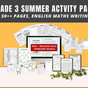 Peut inclure: Un ensemble de feuilles de travail &eacute;ducatives et d'appareils num&eacute;riques, dont un &eacute;cran d'ordinateur et des tablettes, dispos&eacute;s sur une surface blanche. Le texte "GRADE 3 SUMMER ACTIVITY PACK" et "1000++ RELIGIOUS MEGA WORKSHEET BUNDLE" sont visibles.