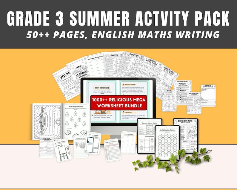Peut inclure: Un ensemble de feuilles de travail &eacute;ducatives et d'appareils num&eacute;riques, dont un &eacute;cran d'ordinateur et des tablettes, dispos&eacute;s sur une surface blanche. Le texte "GRADE 3 SUMMER ACTIVITY PACK" et "1000++ RELIGIOUS MEGA WORKSHEET BUNDLE" sont visibles.