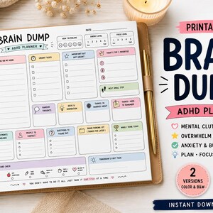 Op de afbeelding: Een printbare ADHD-plannerpagina met pastelkleurige secties voor taken, prioriteiten en zelfzorg. De lay-out bevat koppen zoals Brain Dump, Urgent Tasks en Energy Level, met pictogrammen en selectievakjes voor dagelijkse organisatie.
