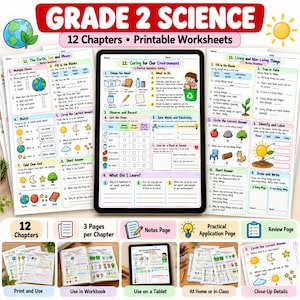 May include: A Grade 2 Science educational resource featuring 12 chapters of printable worksheets. The set includes multiple-choice questions, fill-in-the-blanks, and matching exercises about the Earth, environment, and living things, displayed on paper and a tablet.