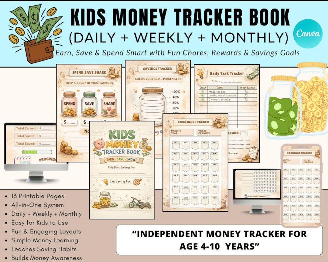 Kids Money Tracker Book | Printable Editable Chore Chart for Kids ...